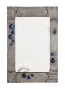 A PEWTER, POSSIBLY TUDRIC, AND ENAMEL BOSSED RECTANGULAR MIRROR