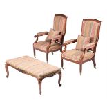 Y A PAIR OF GEORGE IV MAHOGANY AND UPHOLSTERED OPEN ARMCHAIRS