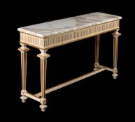 A WHITE PAINTED AND PARCEL GILT MARBLE TOP CONSOLE IN GEORGE III STYLE