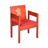 A RED PAINTED ARMCHAIR FROM THE INVESTITURE OF CHARLES, PRINCE OF WALES