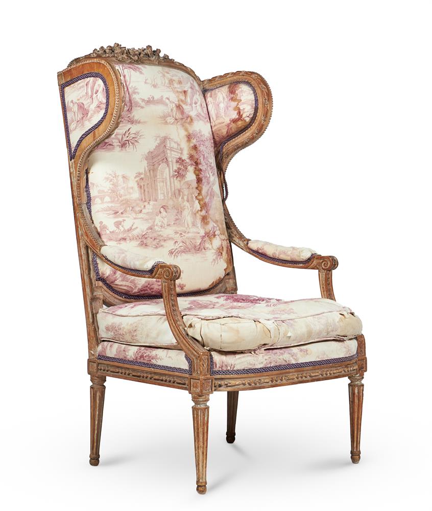 A GREY PAINTED BEECH WING OPEN ARMCHAIR IN LOUIS XVI STYLE
