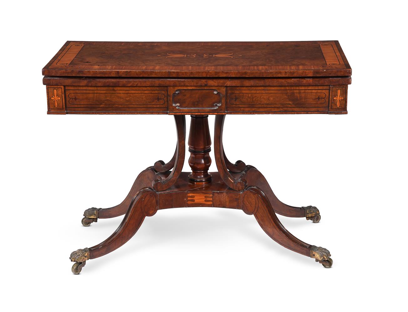 Y A REGENCY BURR WOOD, WALNUT, SATINWOOD AND EBONY TEA TABLE