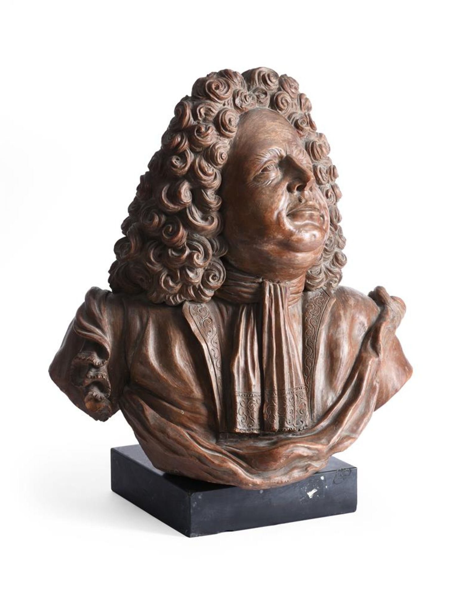 A TERRACOTTA BUST OF A NOBLEMAN, FRENCH OR ENGLISH, POSSIBLY EARLY 18TH CENTURY