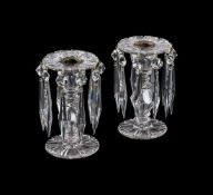 A PAIR OF WILLIAM IV OR EARLY VICTORIAN CUT GLASS TABLE LUSTRES