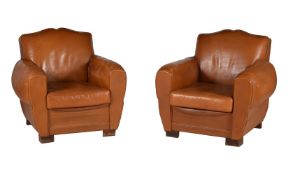A PAIR OF ART DECO LEATHER UPHOLSTERED ARMCHAIRS