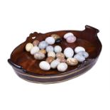 A MAHOGANY AND BRASS BOUND COOPERED OVAL TRAY