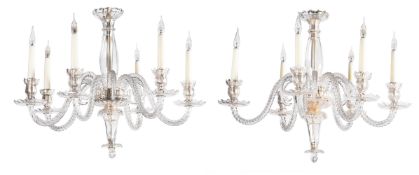 A PAIR OF VENETIAN GLASS SIX-BRANCH CHANDELIERS