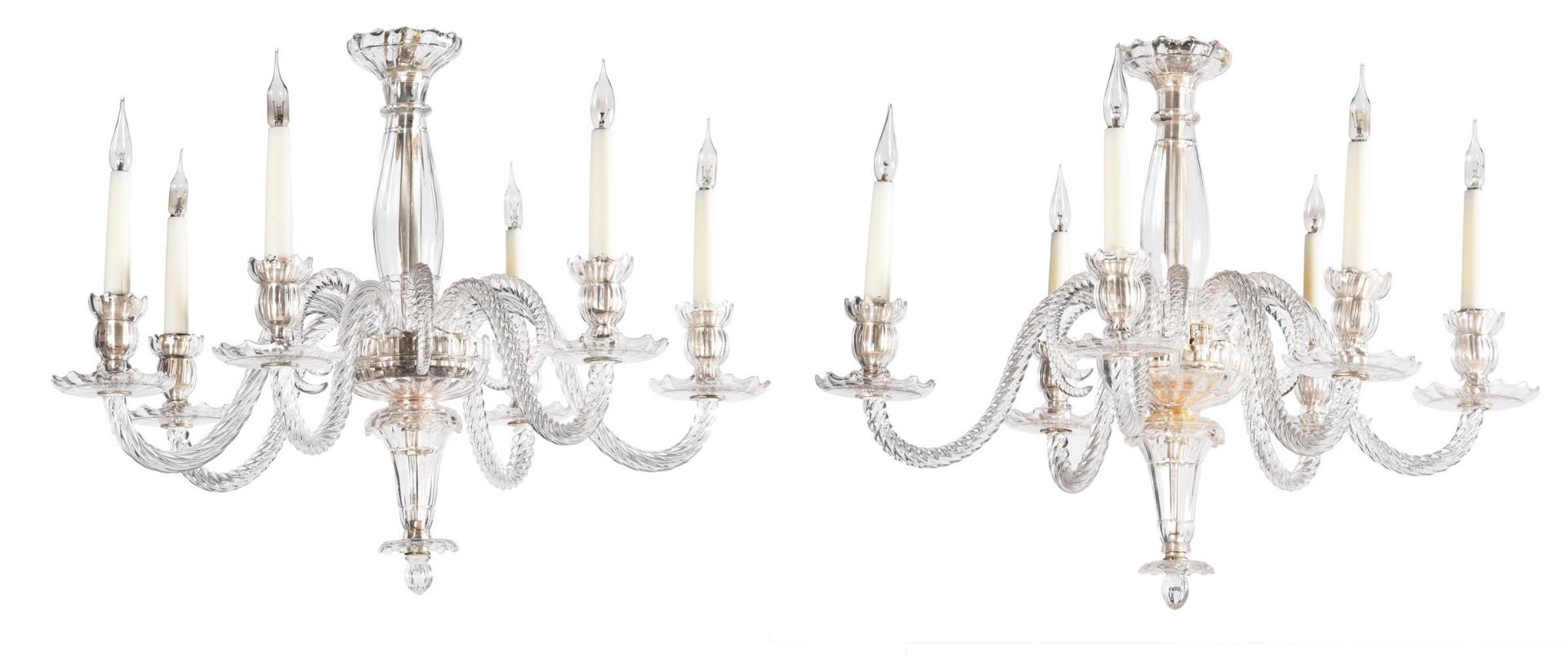 A PAIR OF VENETIAN GLASS SIX-BRANCH CHANDELIERS