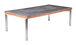 A MODERN KOMPLEET SLATE AND STAINLESS STEEL AND WALNUT CENTRE TABLE