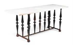 A CAST IRON AND WHITE MARBLE TOPPED CONSOLE TABLE