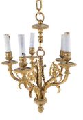 A GILT METAL FIVE LIGHT HANGING CHANDELIER
