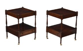 A PAIR OF MAHOGANY TWO-TIER WHATNOTS AS BEDSIDE TABLES IN REGENCY STYLE