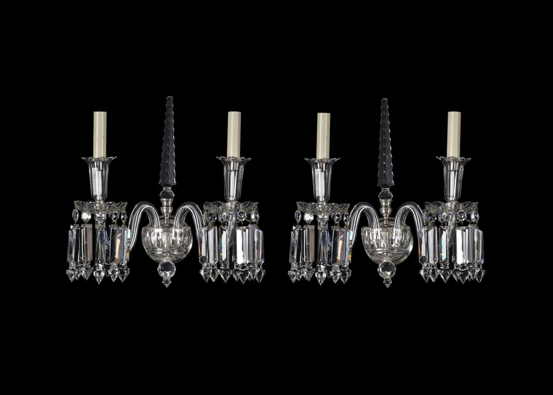 A PAIR OF CUT GLASS WALL LIGHTS IN VICTORIAN TASTE