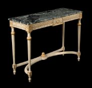 A MODERN PAINTED AND PARCEL GILT CONSOLE TABLE WITH MARBLE TOP