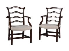A PAIR OF MAHOGANY LADDER BACK OPEN ARMCHAIRS