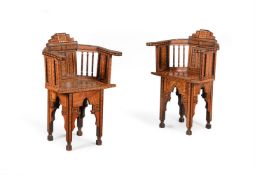Y A PAIR OF SYRIAN MIXED WOOD AND MOTHER OF PEARL INLAID ARMCHAIRS