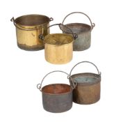 A GROUP OF FIVE VARIOUS METAL BUCKETS