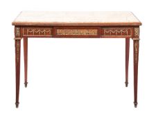 A FRENCH MAHOGANY, GILT METAL, AND MARBLE TOPPED CENTRE TABLE