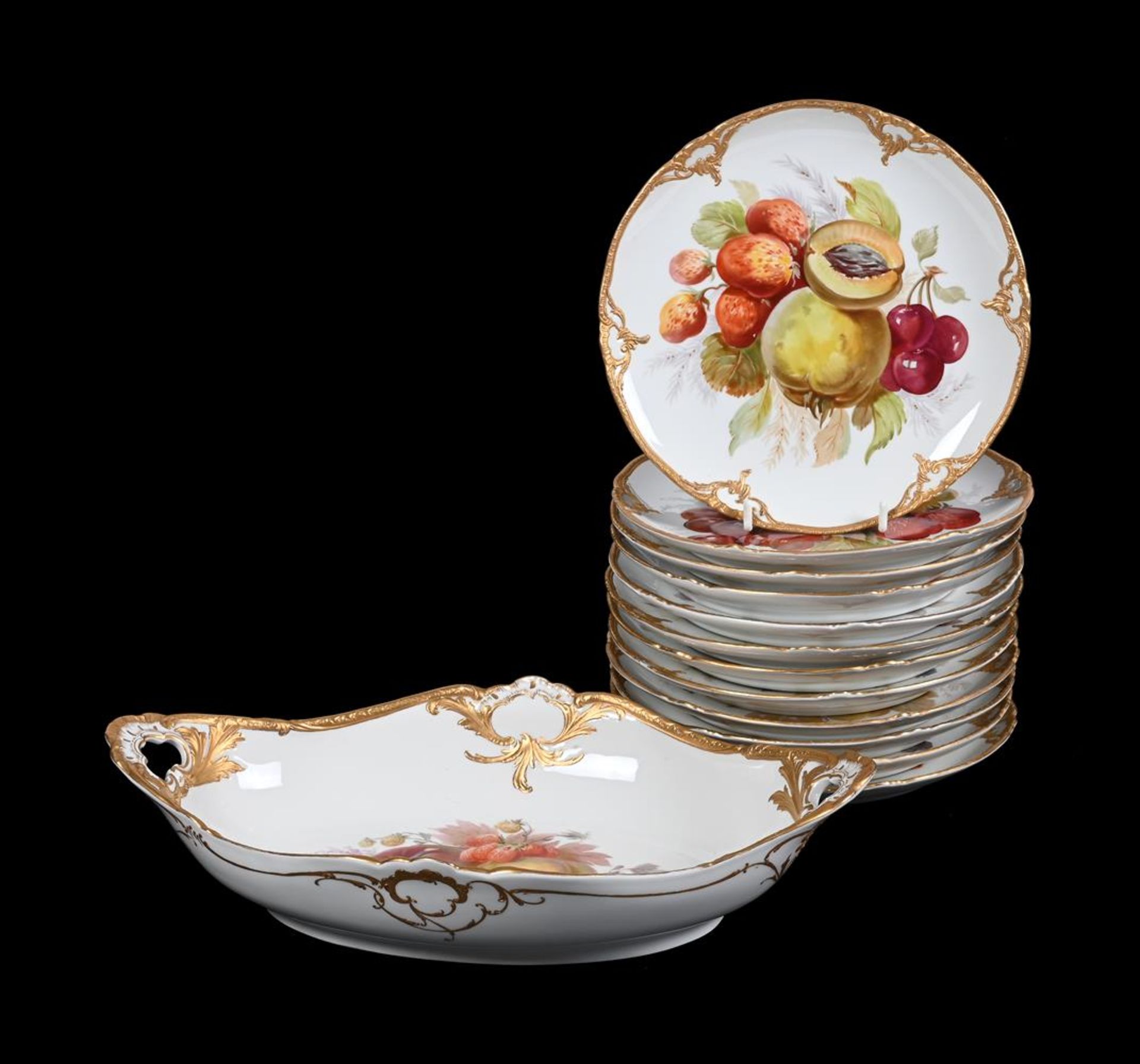 A BERLIN PORCELAIN COMPOSITE PART DESSERT SERVICECIRCA 1890 painted with fruit within a moulded an - Image 2 of 4