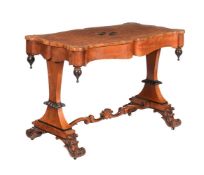 Y A VICTORIAN MAPLE, AMBOYNA, FRUITWOOD AND EBONY LIBRARY TABLE