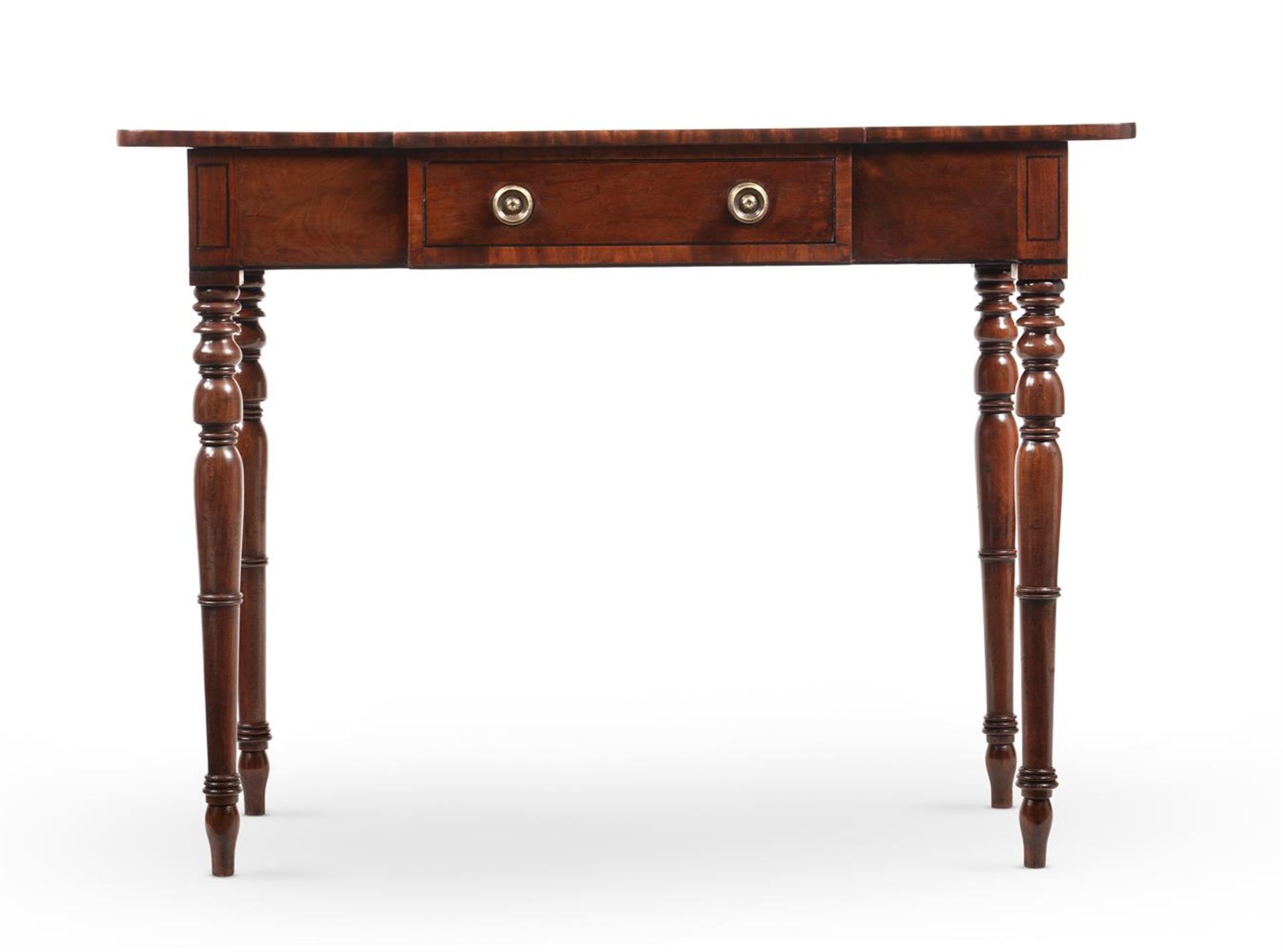 Y A REGENCY MAHOGANY AND EBONY LINE INLAID BREAKFRONT SIDE TABLE