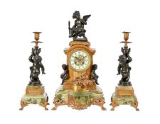FRENCH PATINATED METAL FIGURE MOUNTED GILT AND ONYX MANTEL CLOCK GARNITURE
