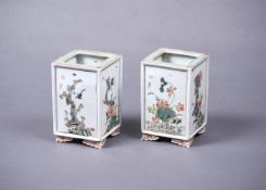 A pair of Chinese Famille Verte square vases