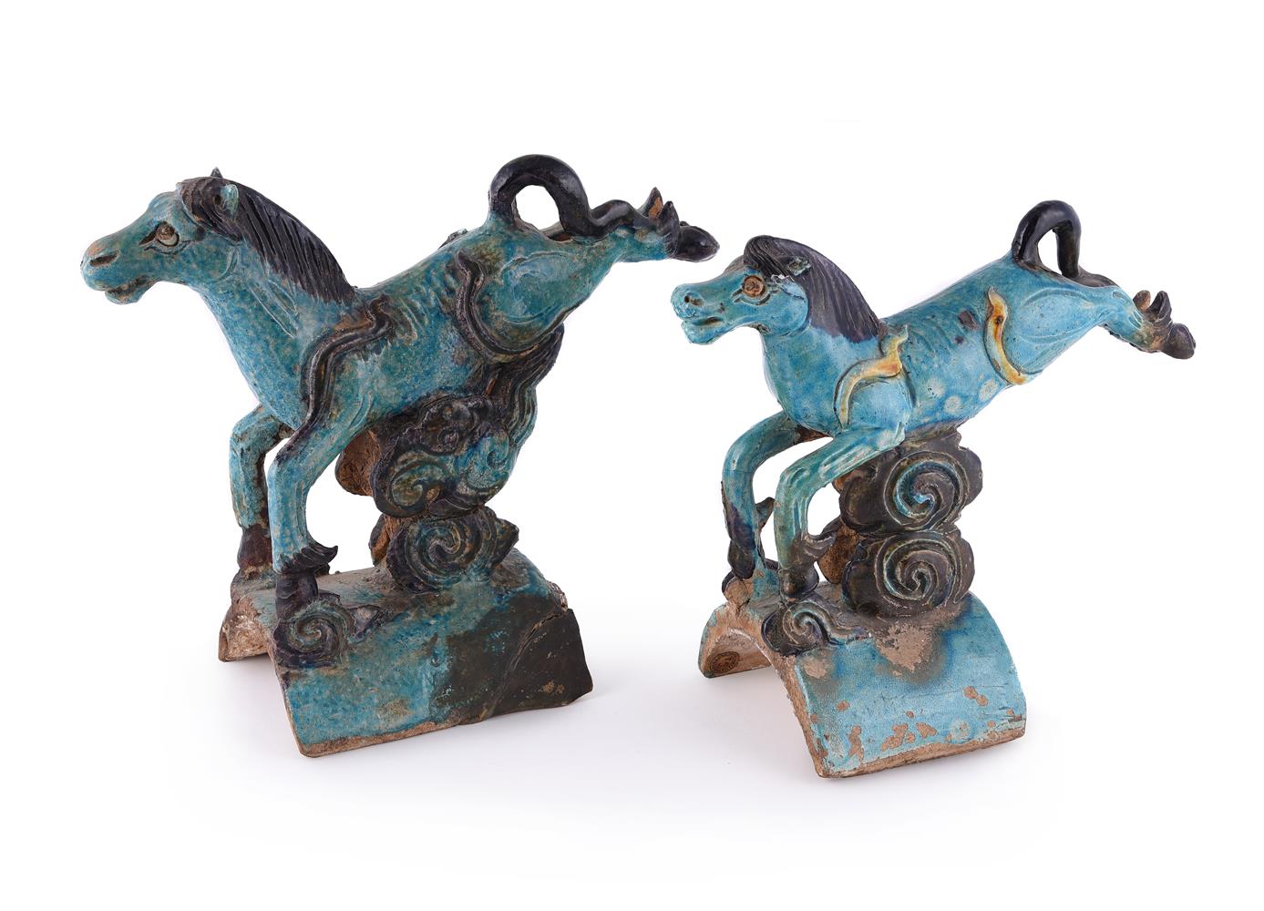 Two Chinese turquoise glazed roof ridge-tiles depicting horses