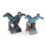 Two Chinese turquoise glazed roof ridge-tiles depicting horses