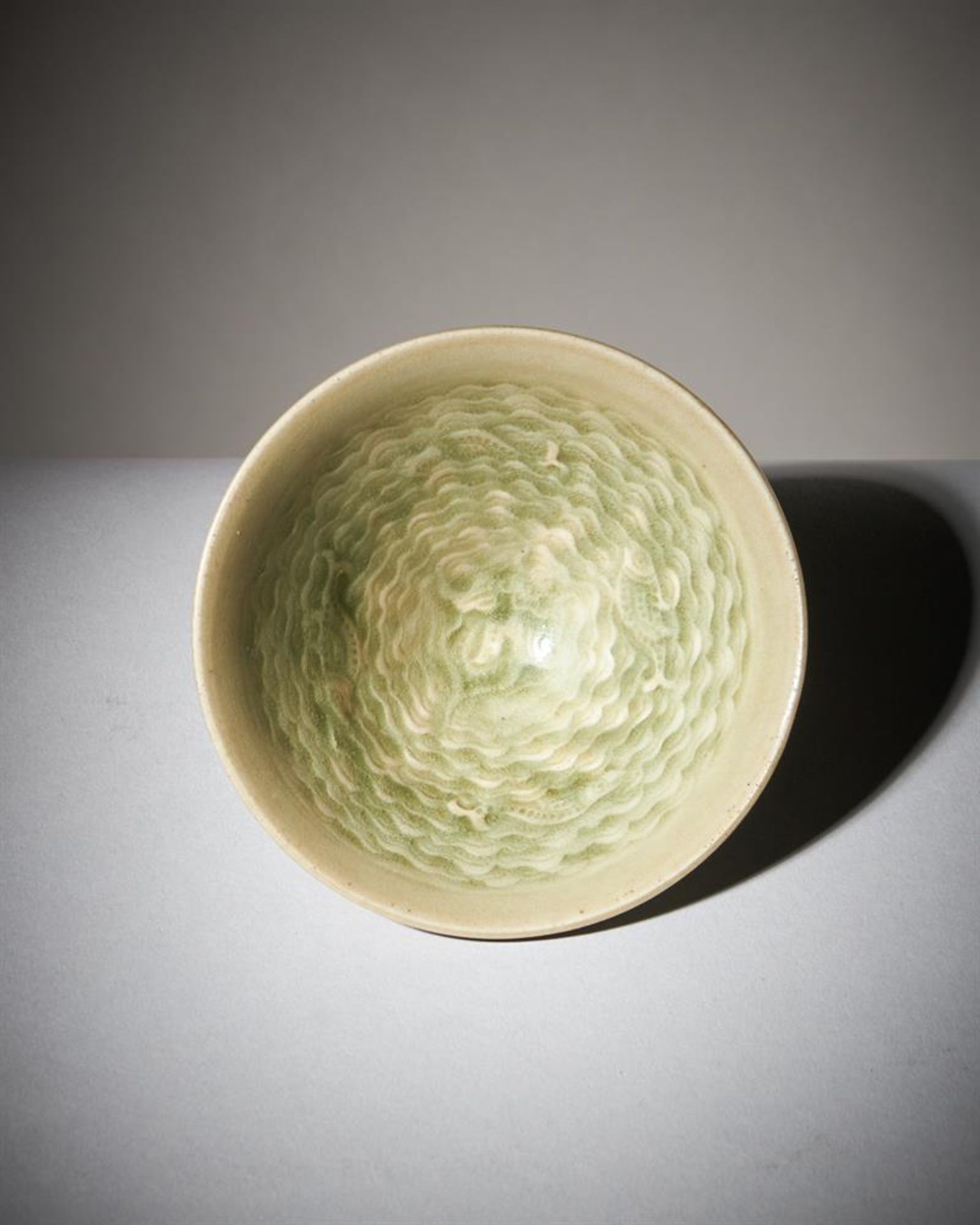 A rare small Chinese 'Yaozhou' celadon 'fish' conical bowl - Image 3 of 13