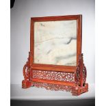 Y A large Chinese huanghuali and marble inset table screen