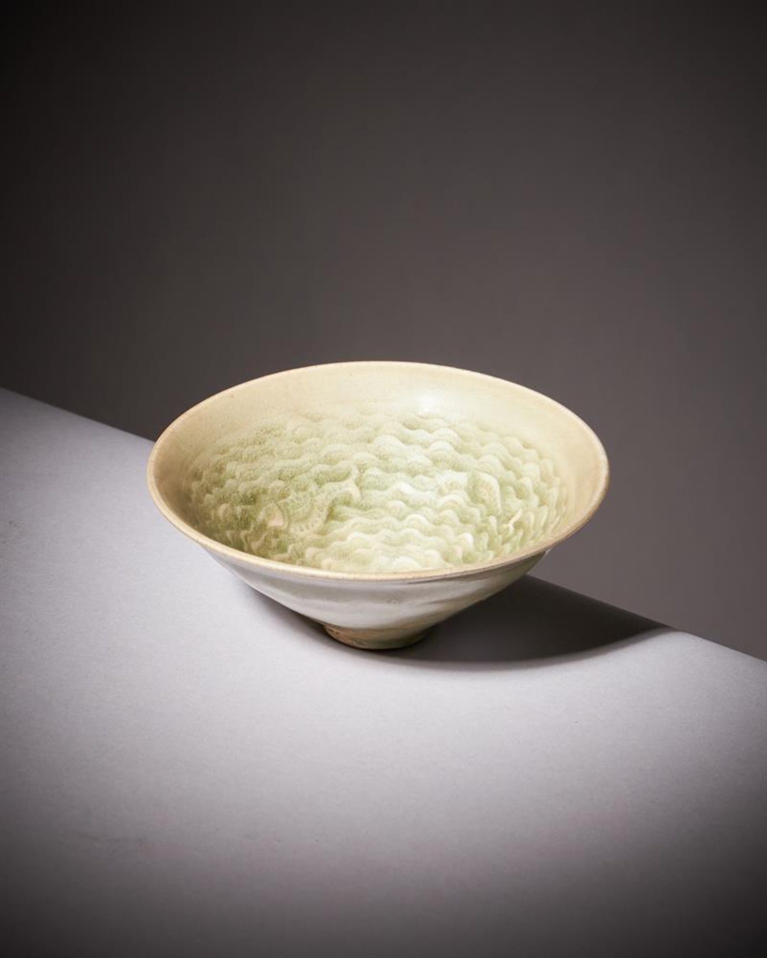 A rare small Chinese 'Yaozhou' celadon 'fish' conical bowl - Image 2 of 13