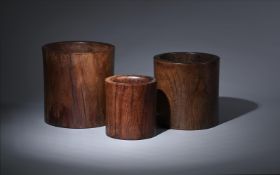 Y Three Chinese hardwood brush pots