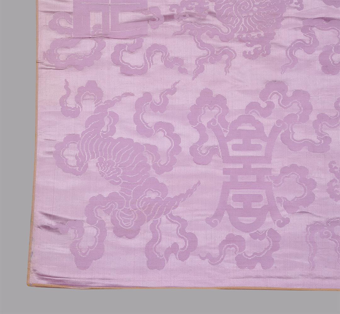 A Chinese lilac bolt of silk damask woven with bold symbols of long life - Image 3 of 3