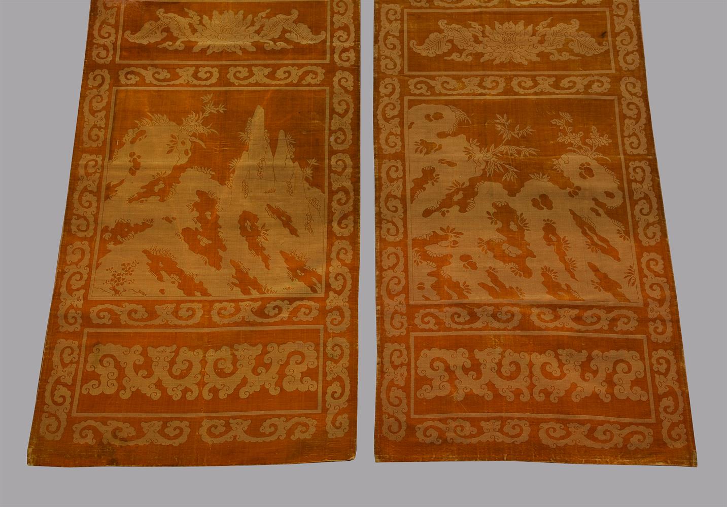 A good near pair of Chinese ochre yellow cut-velvet chair or screen panels - Image 2 of 5