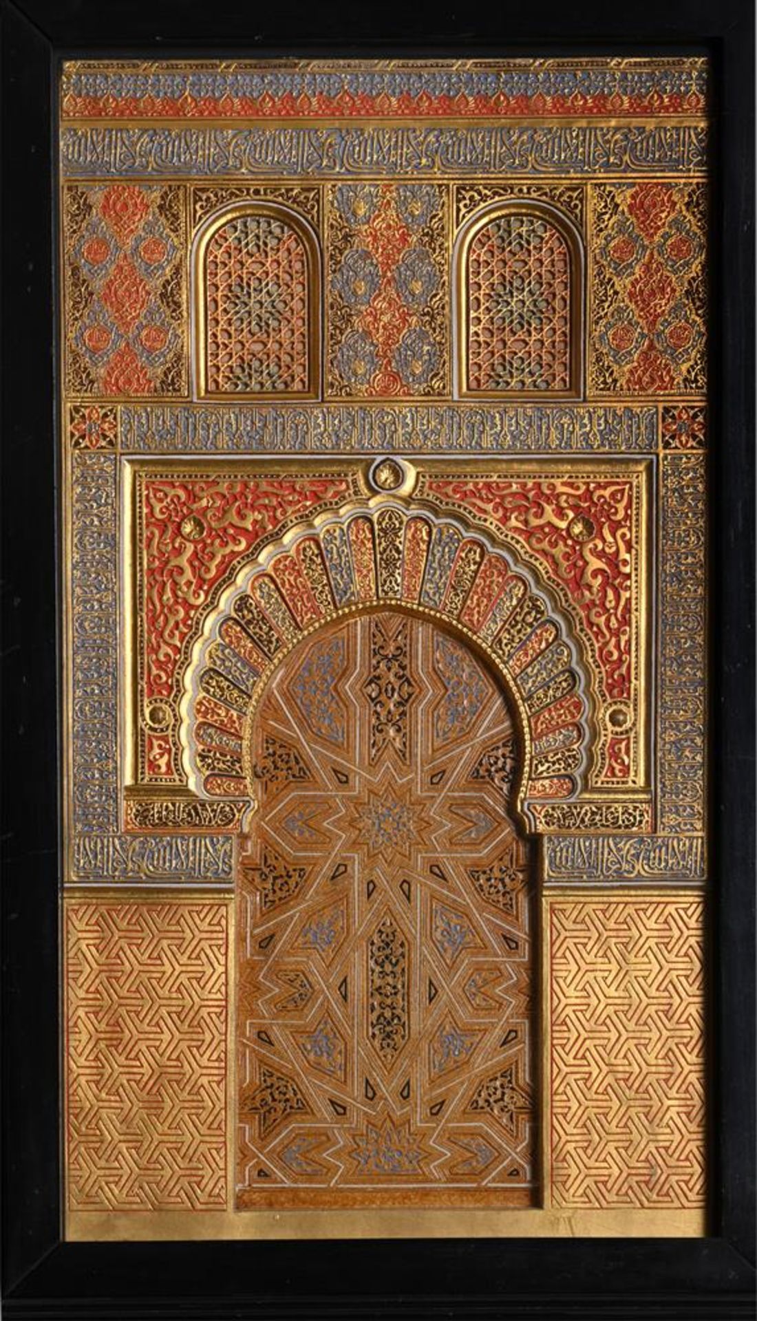 A painted and gilt plaster panel of the decoration from the Alhambra