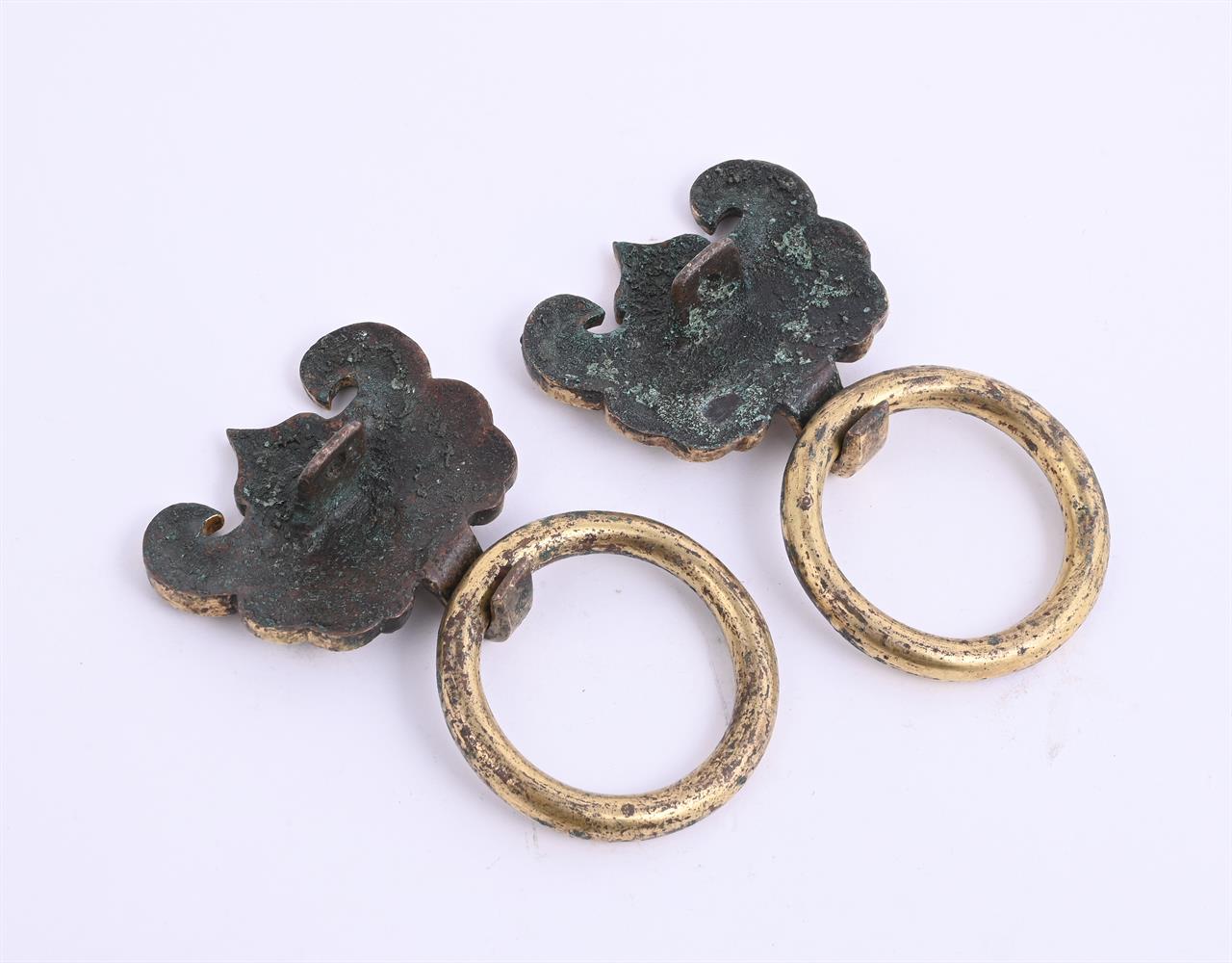 A pair of Chinese gilt bronze taotie handles with suspending rings - Image 3 of 3
