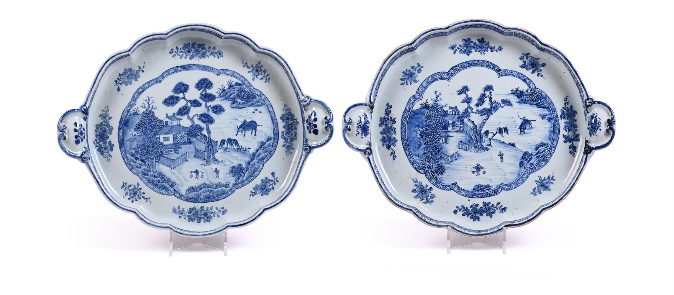 A large pair of Chinese blue and white trays