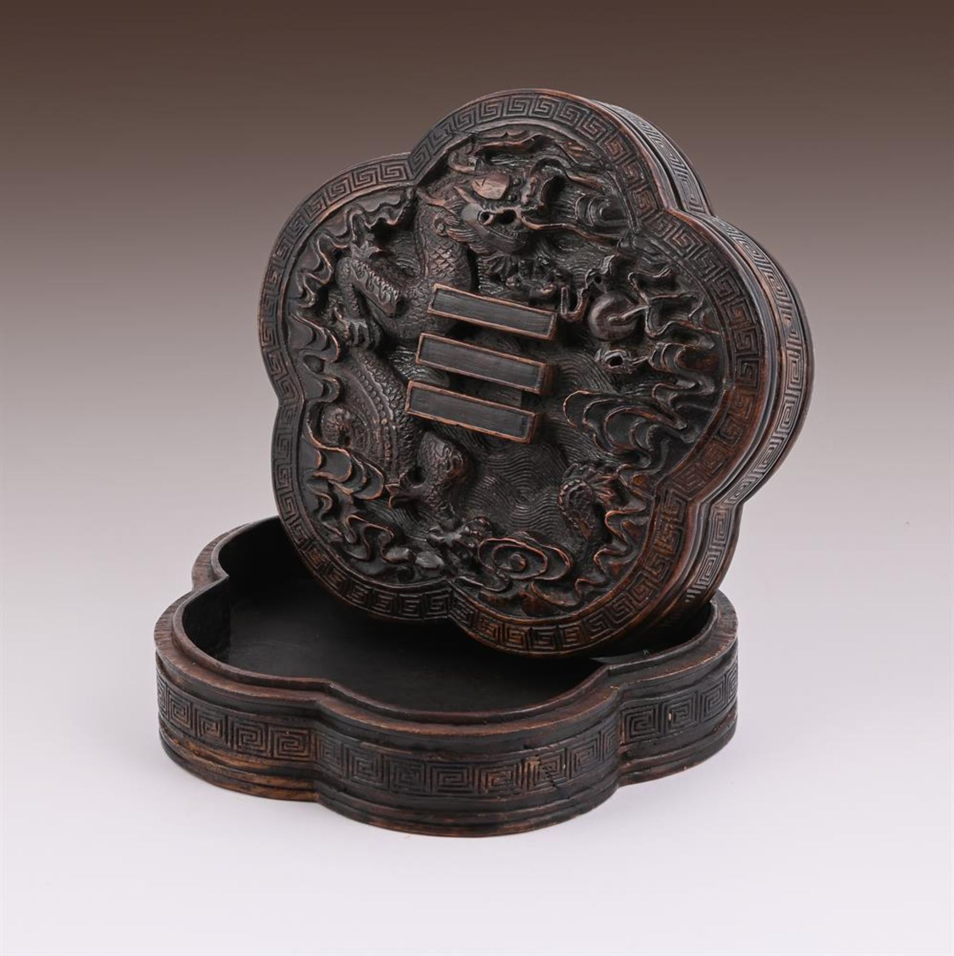 A Chinese lobed hardwood 'Dragon and Trigram' box and cover - Image 4 of 4