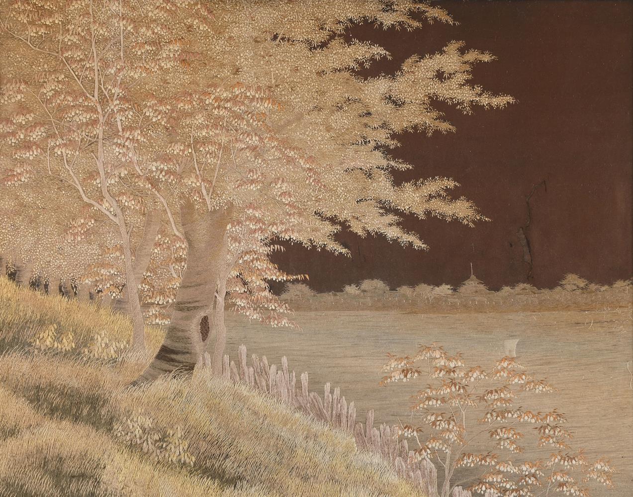 A Japanese silk-embroidered panel of a tree by the bank of a river
