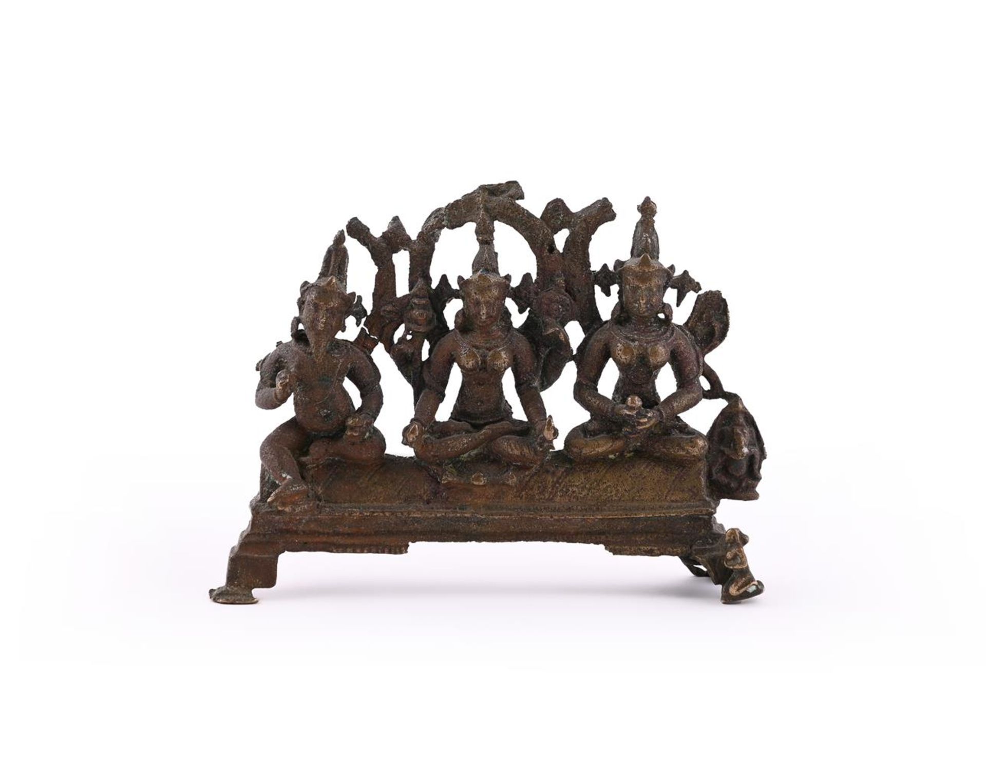 A Pala bronze group depicting Two Matrikas (Mother Goddesses) and a Bearded Male Guardian