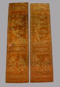 A good near pair of Chinese ochre yellow cut-velvet chair or screen panels