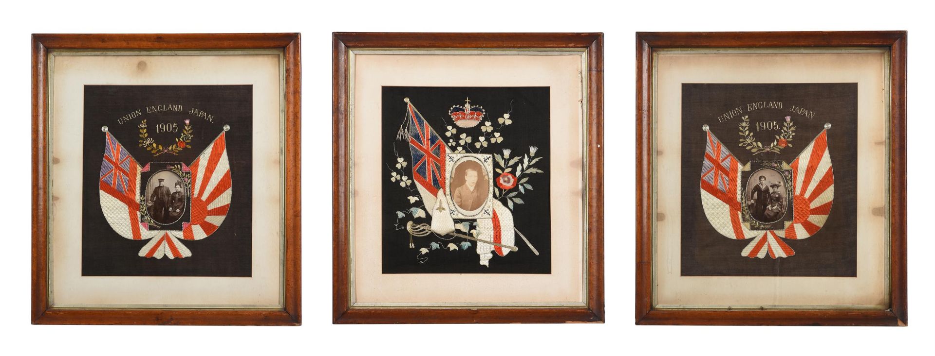 Three Japanese Anglo-Japanese Alliance 'Naval' silk embroideries
