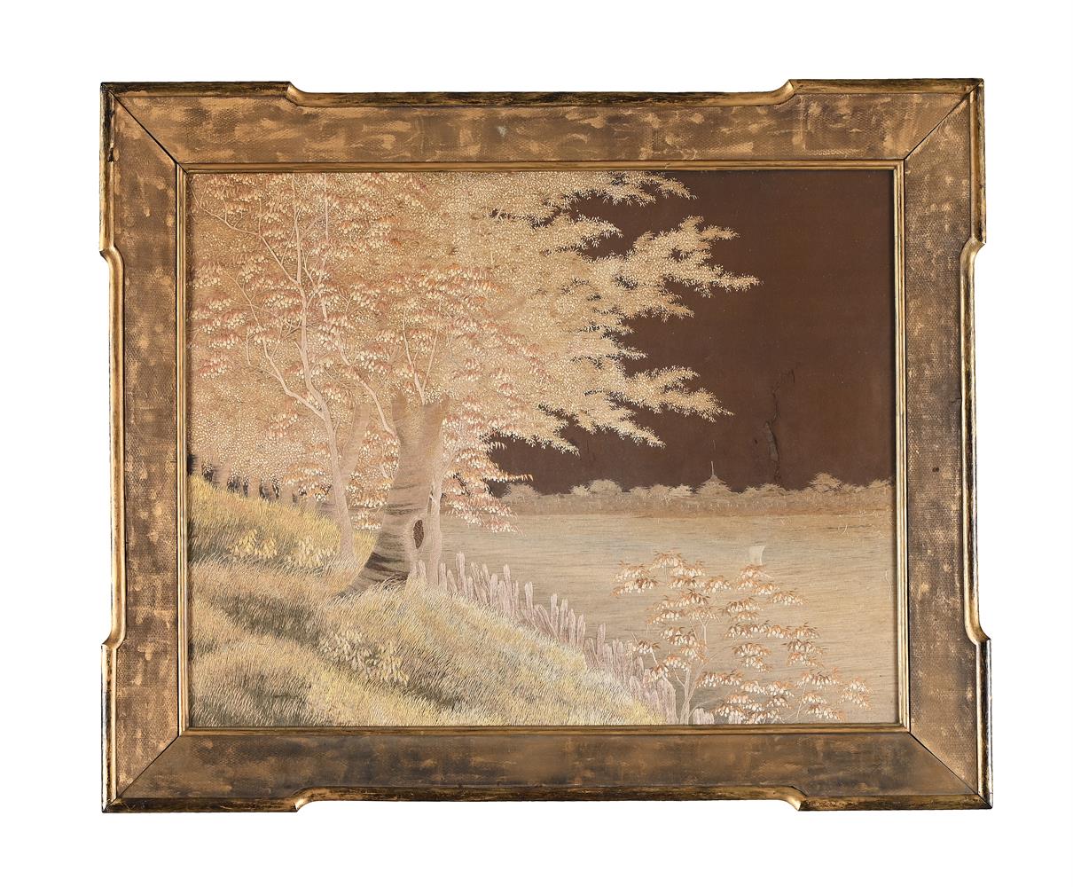 A Japanese silk-embroidered panel of a tree by the bank of a river - Image 2 of 2