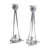 A PAIR OF NOVELTY GOLF THEMED SILVER PLATED CANDLESTICKS, CIRCA 1915 BY WALKER AND HALL