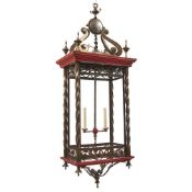 A LARGE AND ORNATE IRON, BRASS AND PAINTED WOOD LANTERN BELGIUM, CIRCA 1900