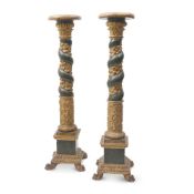 A PAIR OF GREEN PAINTED AND PARCEL GILT SOLOMONIC COLUMNS,19TH CENTURY