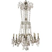 A NAPOLEON III SILVERED BRONZE , BEADED GLASS AND AMETHYST DROP EIGHT LIGHT CHANDELIER, FRENCH