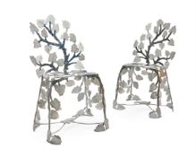 JOY DE ROHAN CHABOT (FRENCH, 1942-), A PAIR OF SILVERED AND LACQUERED LEAF CHAIRS