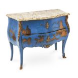 A FRENCH BLUE LACQUER AND GILT CHINOISERIE DECORATED SERPENTINE COMMODE, MID 20TH CENTURY